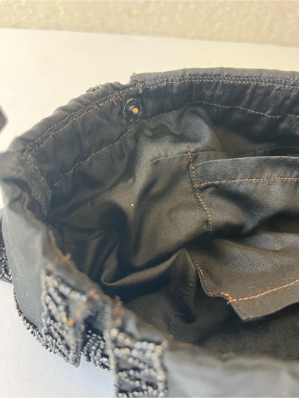 Vintage 1920s Black Beaded Drawstring Reticule Purse Tassel Evening Bag Taffeta - Picture 8 of 14
